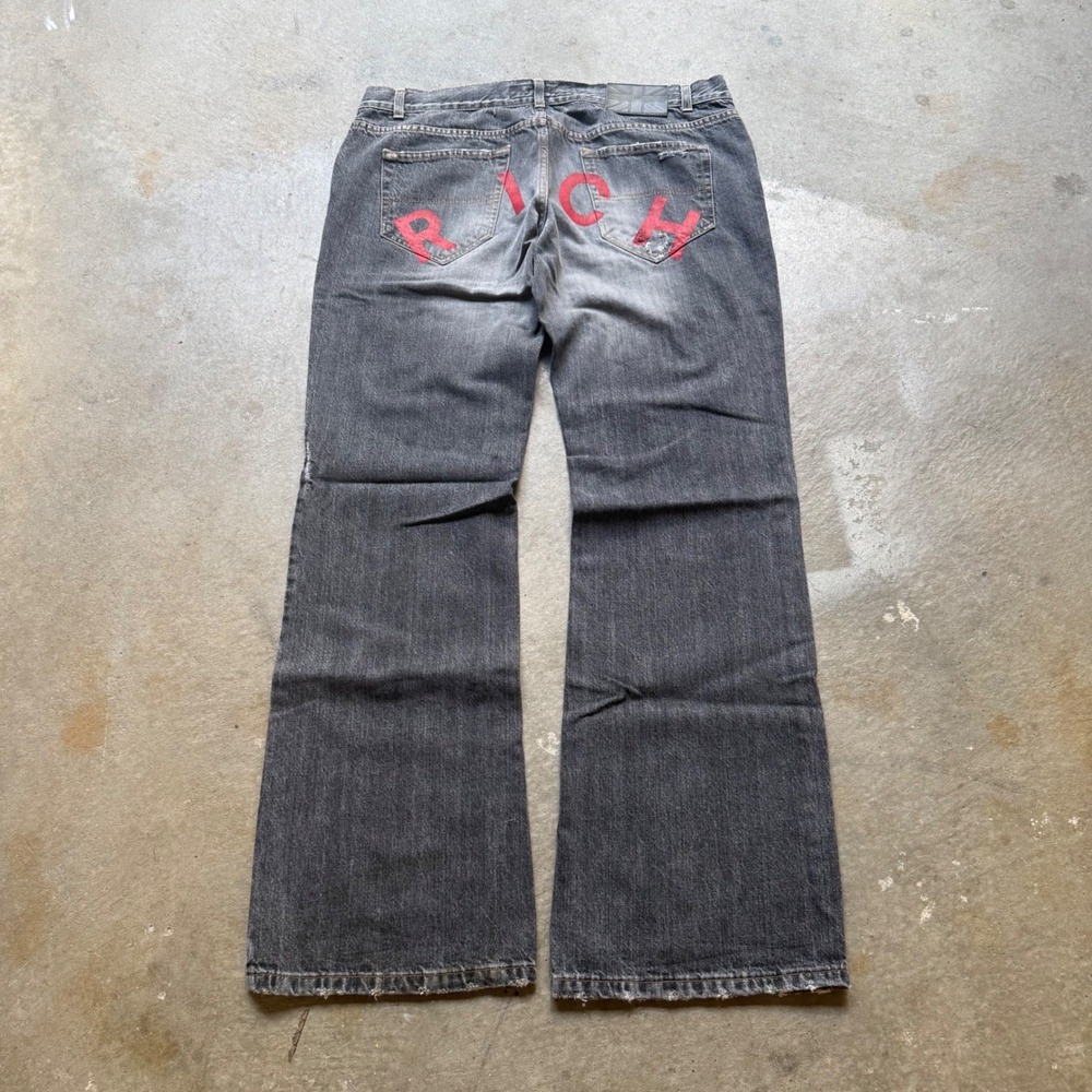 Richmond Denim Mens Faded Black Distressed Graphic Rich Flare Jeans Size 38